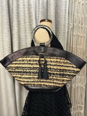 Patricia Nash Woven Straw & Leather Tote Bag Black Natural Ring Handle Tassel